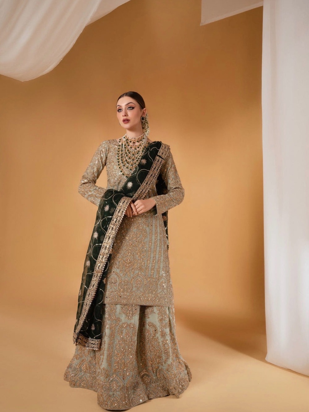 Haseens Embellished Green & Gold Traditional Maxi Dress with Dupatta